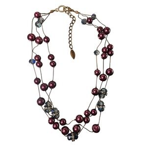 Coldwater Creek Burgundy Beaded Necklace 3 Strand Adjustable